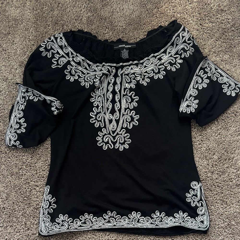 Black and White Embroidered Women's Top